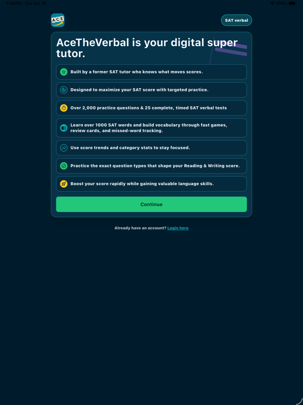 Ace The Verbal welcome screen displayed on an iPad